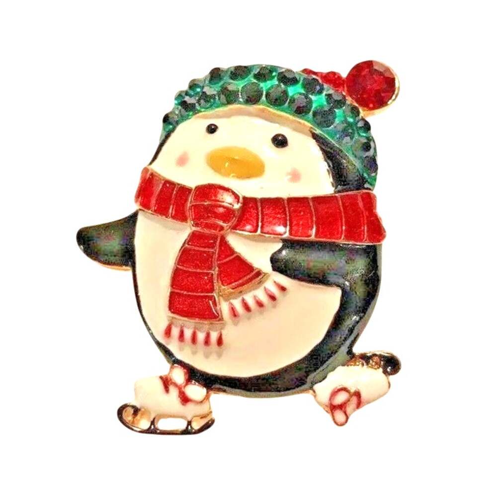 Whimsical Christmas brooch skating penguin pin pendant #2013FL rhinestone enamel